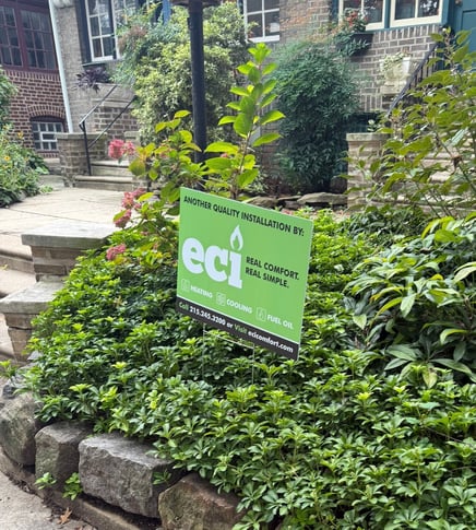 ECI Comfort yard sign outside a home following a Lochinvar boiler upgrade.
