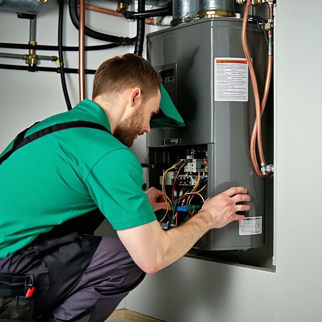 A technician wearing a green shirt working on an oil heater in a clean basement A technician wearing a green shirt working on an oil heater in a clean basement