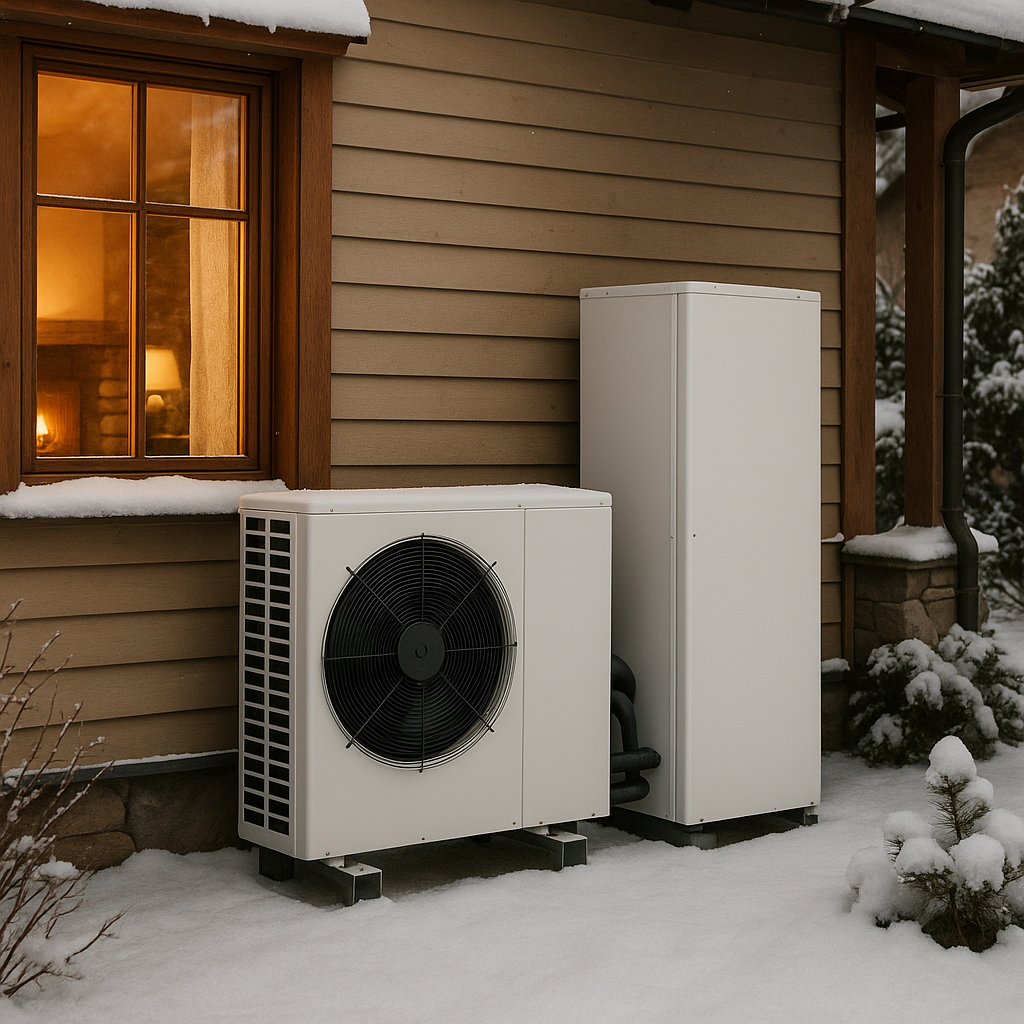 Mitsubishi Electric Ecodan hydronic system installed in a cozy home during winter No visible text no words no letters