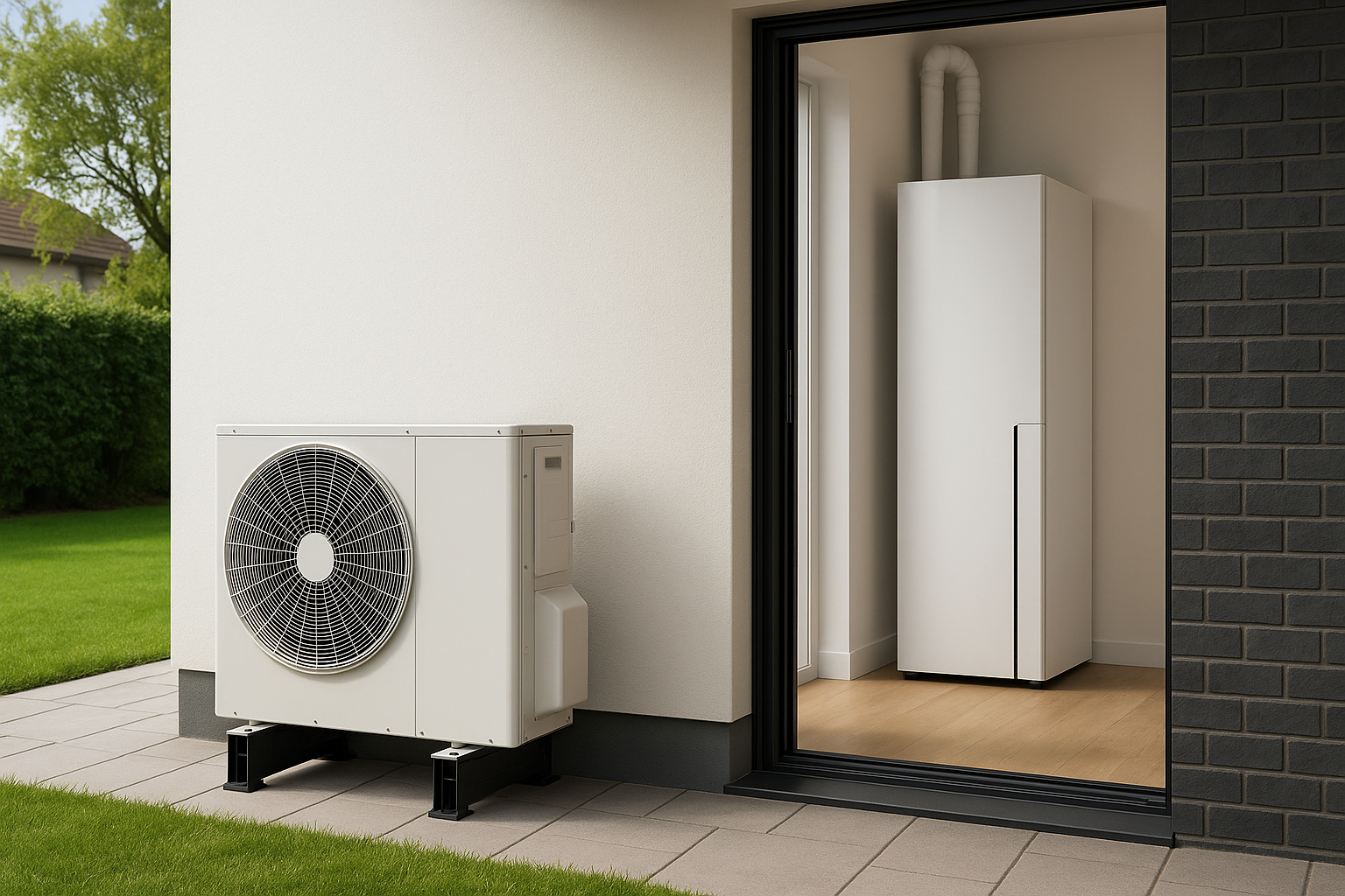 Mitsubishi Electric Ecodan hydronic system installed in a modern family home showing the sleek indoor unit and outdoor heat pump No visible text no words no letters