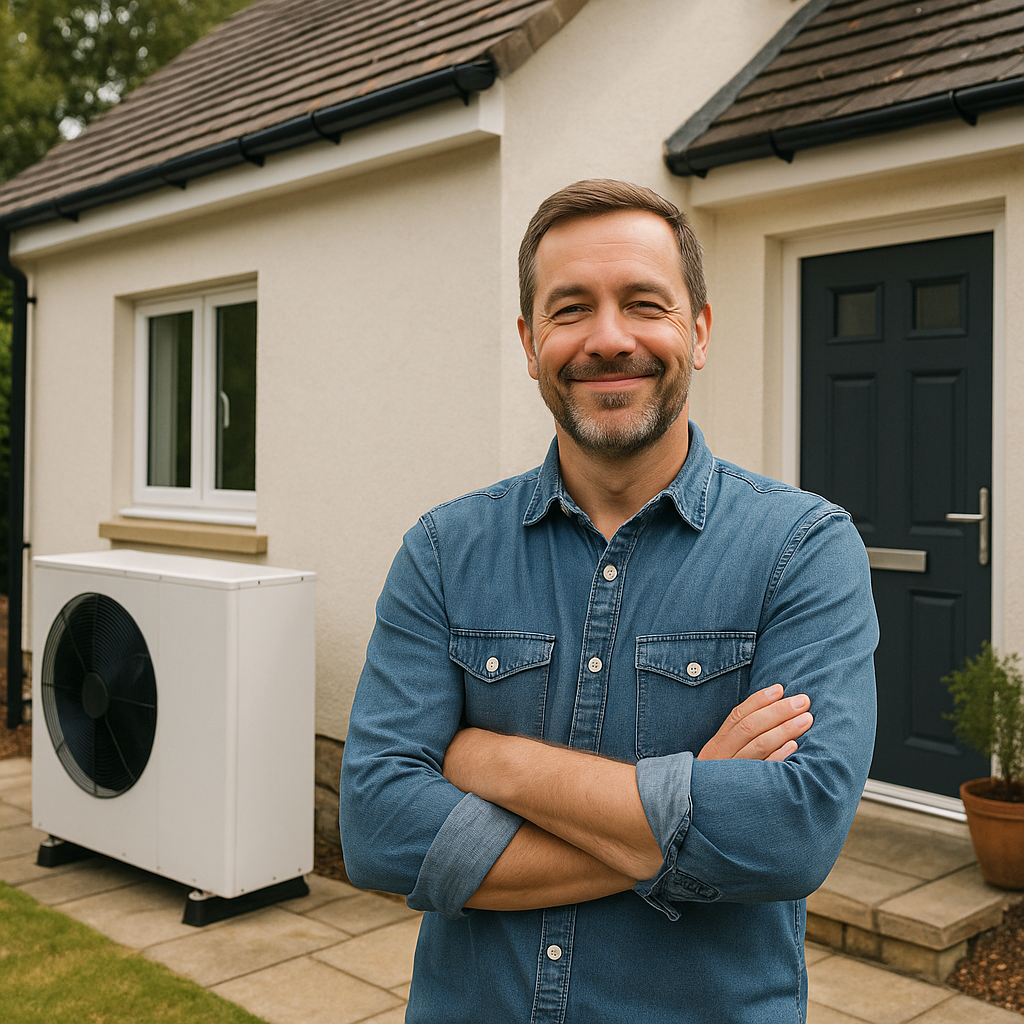 Satisfied homeowner standing in front of his renovated house with Ecodan system installed No visible text no words no letters