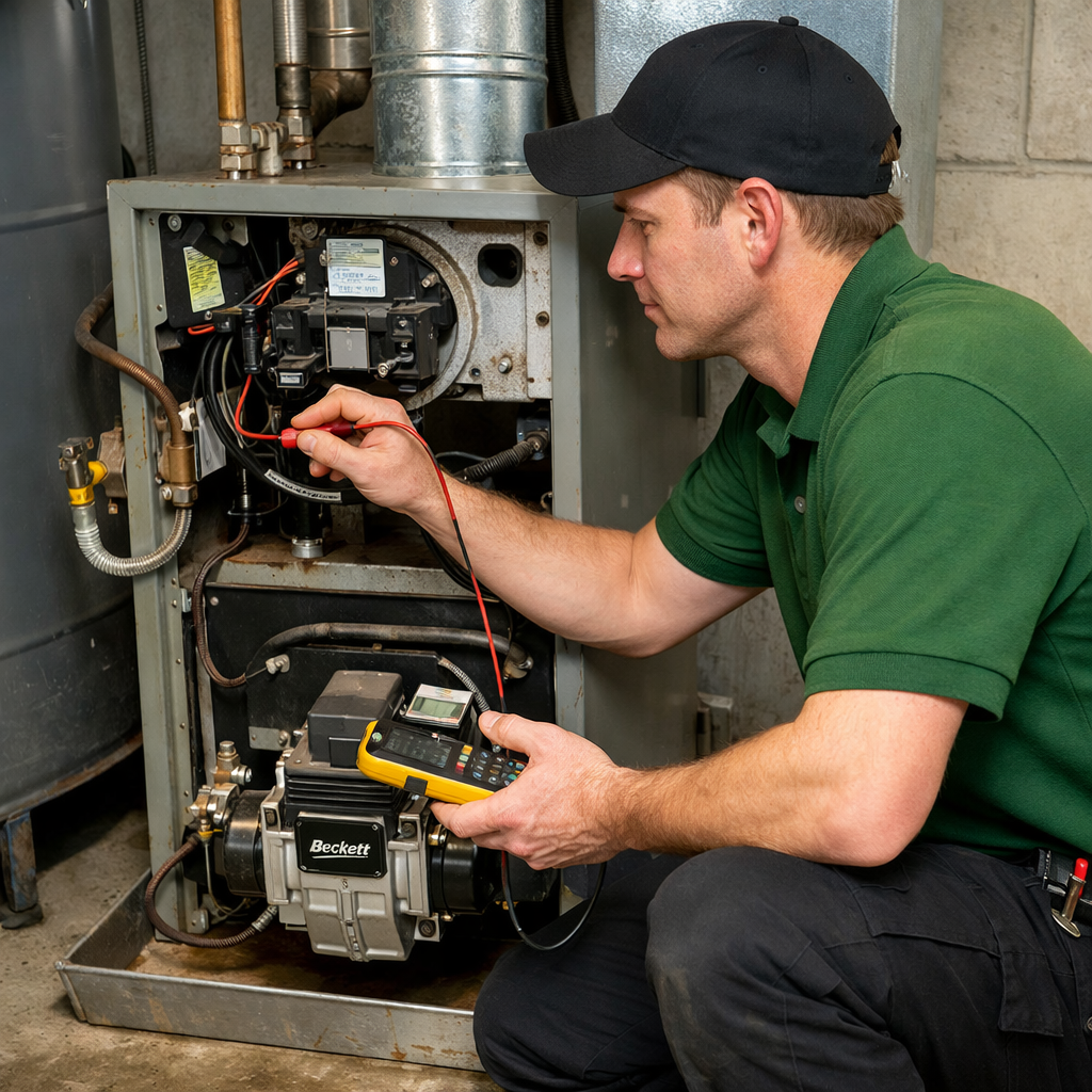technician wearing a green shirt and black pants inspecting an oil furnace-1 technician wearing a green shirt and black pants inspecting an oil furnace-1