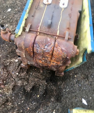 Close up of leak in one of the cast-iron sections of their current Burnham boiler. 