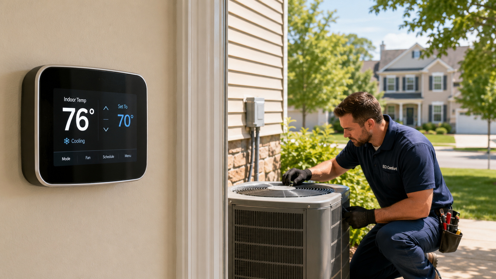 ECI Comfort technician diagnosing an air conditioner running constantly in Bucks County, PA