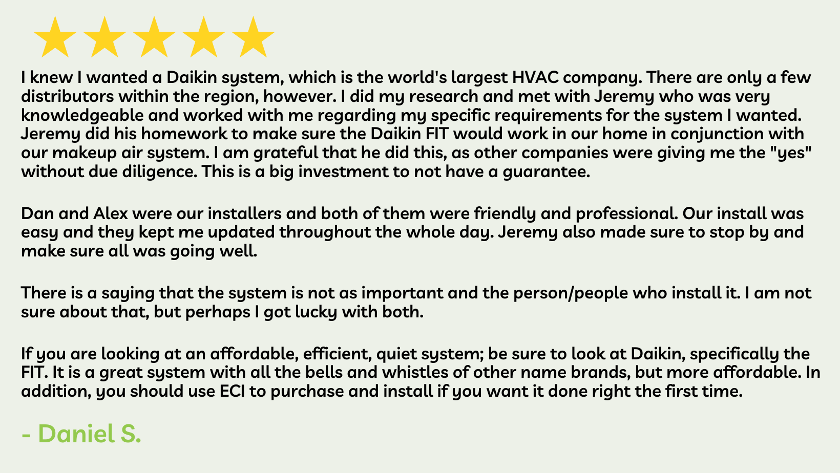 5-star google review ECI Comfort and Daikin