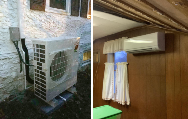 Ductless mini split system in Elkins Park, Pa and outdoor unit against the house.
