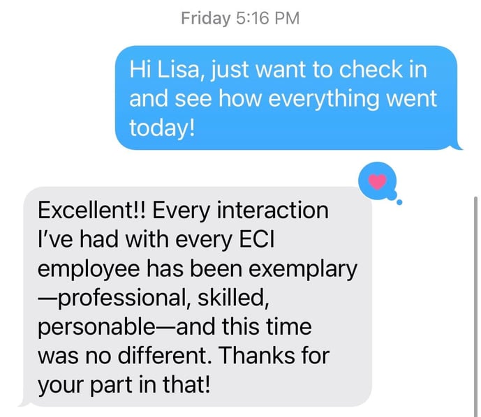iPhone Text Screenshot between ECI and happy customer.