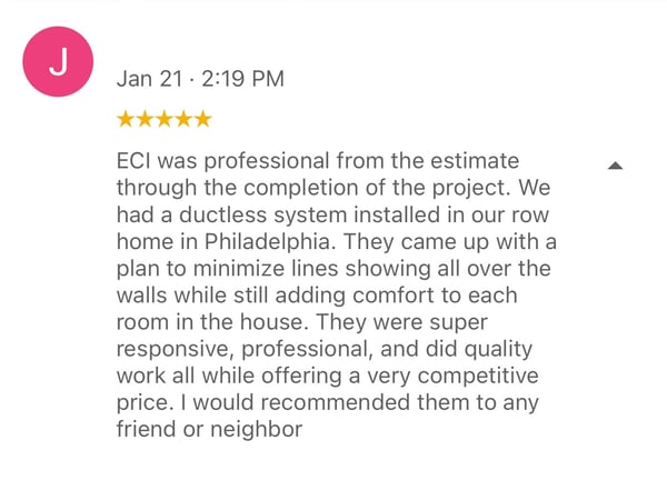 5 star customer review for ductless left by homeowner.