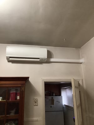 White Daikin indoor ductless wall mounted unit and line hide