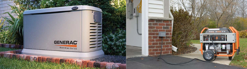 On the left is a standby Generac generator that is hooked up to the homes natural gas line. On the right is a portable generator that is outside of a home plugged into the circuit breaker box of the home. 