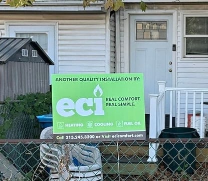 ECI Comfort yard sign outside a Morrisville, PA home following a two-stage heat pump replacement.