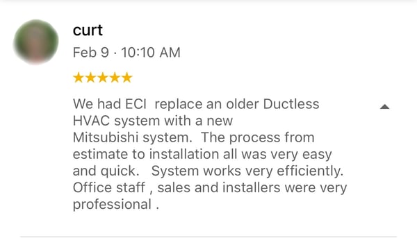 5 Star Google Review 5 star review ECI Comfort for Mitsubishi Ductless Mini Split in Maple Glen
