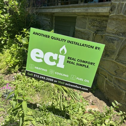 ECI Comfort lawn sign outside a Bucks County, PA home during a Mitsubishi mini-split installation