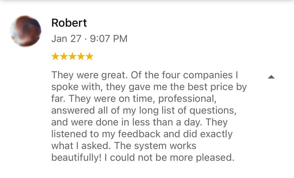 Google Five Star Review left by Merion Station, PA home