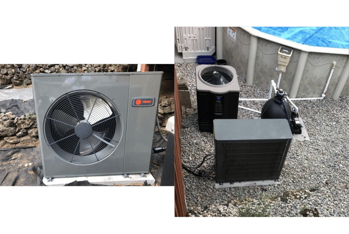 Trane XV19 Variable Speed Low Profile Heat Pump underneath deck outside of a home. Homeowner says that it is quieter than their swimming pool heater.  