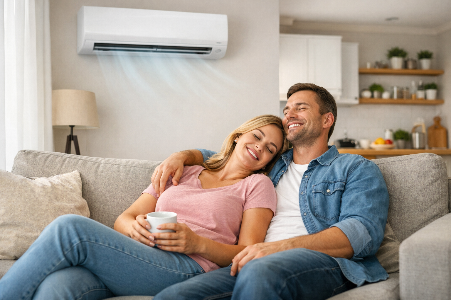 Happy homeowners relaxing in their air conditioned home