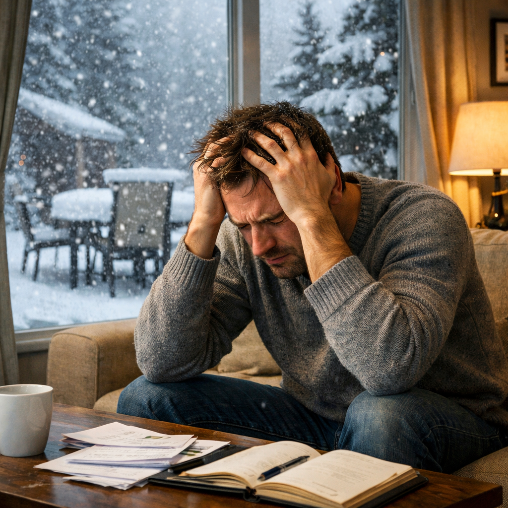 homeowner stressed out inside their home snowing outside