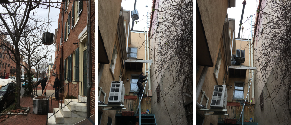 Three images of the unit being safely lifted o the second story of the Queen Village row home 