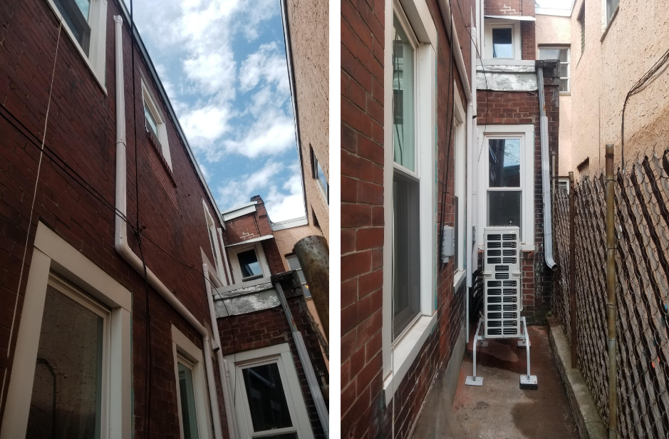 Outdoor, narrow units on the side of South Philadelphia rowhome. 